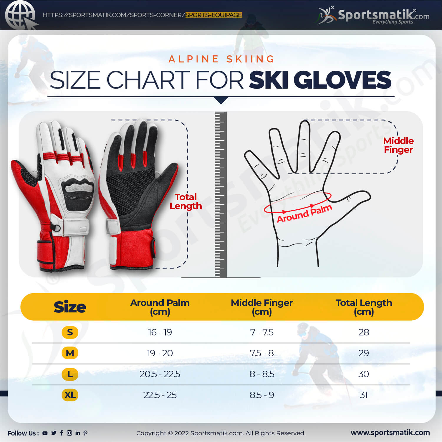 size chart for ski gloves