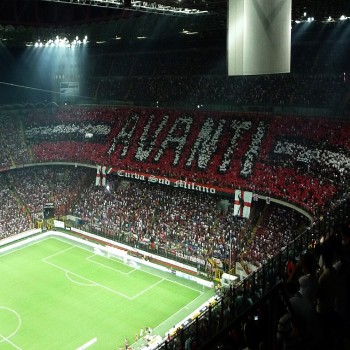 The choreography of AC Milan's fans during a Derby della Madonnina