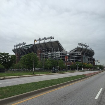 View of M&T Bank Stadium from southbound Maryland State Route 295 (Russell Street) in downtown Baltimore City, Maryland