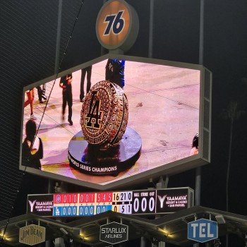 2024 Dodgers World Series Championship Ring on the Dodger Stadium Scoreboard, Chicago Cubs at Los Angeles Dodgers, (April 12, 2025)