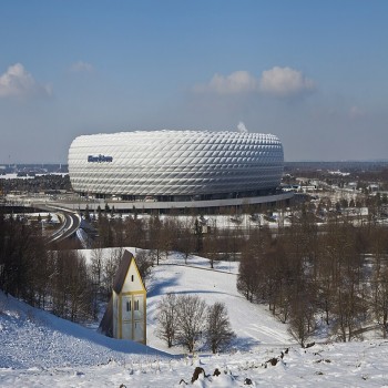 Allianz Arena with the Holy Cross Church, the oldest church in Munich