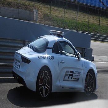 The Alpine A110 safety car used in the Formula Regional European Championship (FRECA) during the 2025 season at the Hungaroring.