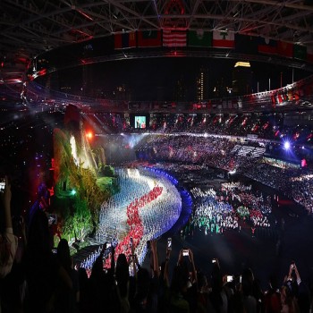 The host, Indonesian athletes marching in the opening ceremony of Asian Games 2018, Saturday, 18-8-18 or 18 August 2018, Gelora Bung Karno Stadium, Jakarta, Indonesia.
