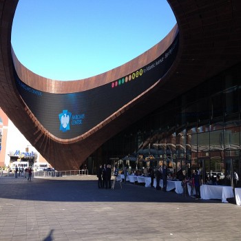 The Barclays Center oculus, with a view of the LCD screen inside the structure