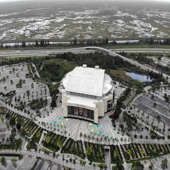 An aerial shot of Amerant Bank Arena then BB&T Center