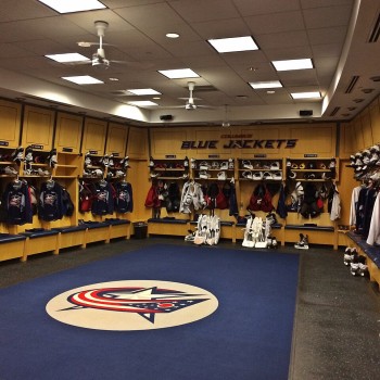 Columbus Blue Jackets locker room inside Nationwide Arena in 2014.