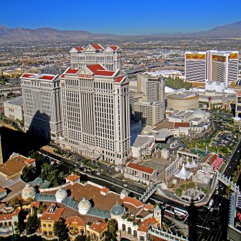 Caesars Palace viewed from the top of the Eiffel tower at Paris Las Vegas.