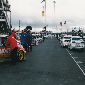 V8 Supercars lining up in the dummy grid before race 1 at Calder Park Raceway, 1998.