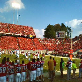 The crowd and players in a 2007 Wolfpack game