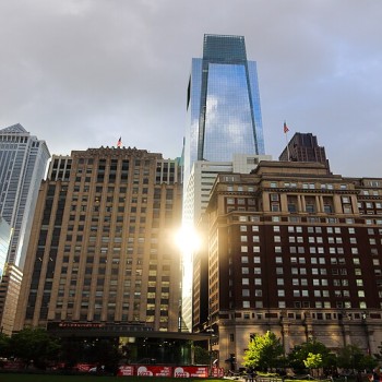 Center City Sunset in between skyscrapers in Philadelphia.