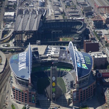 The roofs of Lumen Field and T-Mobile Park