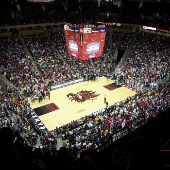 The arena floor of the Colonial Life Arena.