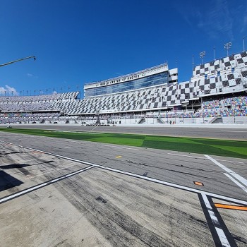 Daytona International Speedway Grandstand and Hospitality building from Pit Road.