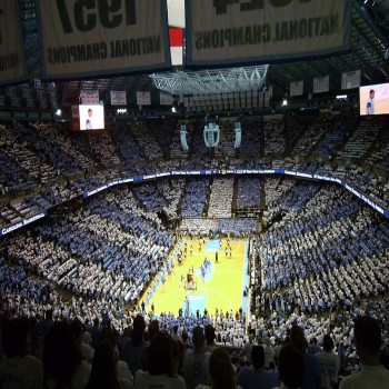 The Dean Smith Center shown on February 15, 2014, when the Tar Heels hosted the Pittsburgh Panthers in the Smith Center's first "Stripe Out". The Tar Heels won the game 75–71.