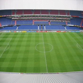 View of part of the stands and the pitch at De Kuip seen from the roof