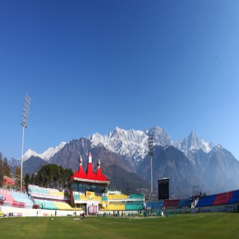 Dhauladhar range in the backdrop of the HPCA Stadium.