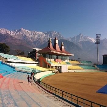 A view of the Dhauladhar Mountain Range from the Dharmashala Cricket Stadium in Himachal Pradesh