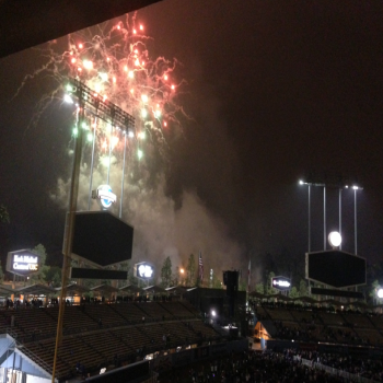 Post-game fireworks seen on a promotion night at Dodger Stadium.