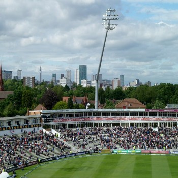 The Raglan and R. E. S. Wyatt Stands at Edgbaston Cricket Ground, with Birmingham City Centre behind