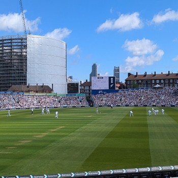Matthew Fisher bowling to Tom Latham during the second Test at the Oval in 2026