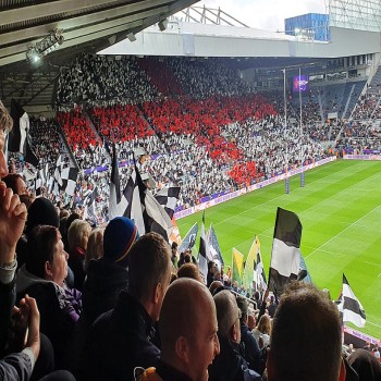 England rugby league fans create an England flag ahead of the launch of the 2021 Rugby League World Cup at St James' Park