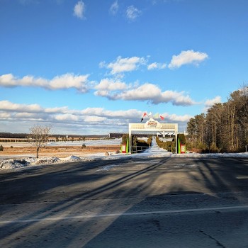 Photo of the entrance to the Pocono Raceway in Tunkhannock Township, Monroe County, Pennsylvania. Photo taken from Pennsylvania Route 115 looking east-northeast.