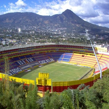 Empty aerial view of the stadium on a sunny day.