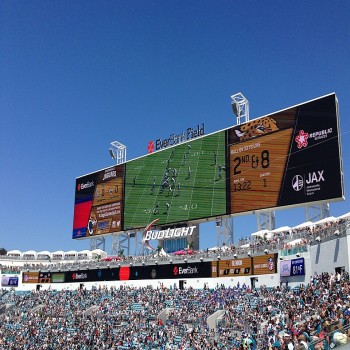 The north end zone of EverBank Field, showing the new scoreboards, party deck, and pools.