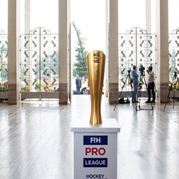 2020 Men's FIH Pro League trophy in Bhubaneswar ahead of the second phase of Team India's Pro League fixtures at the Kalinga Stadium.