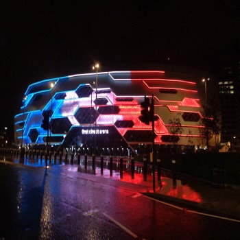 The First Direct Arena (Leeds Arena) on Clay Pit Lane in Leeds, West Yorkshire in the colours of the French Tricolor