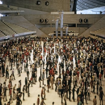 Interior of Yoyogi 1st Gymnasium in 1973 with diving tower from 1964 Olympics visible