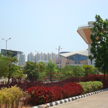 The Gachibowli stadium in the foreground and real estate activity in the backdrop