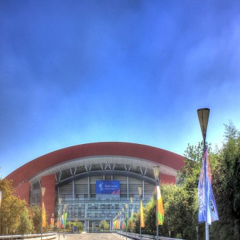 Places, skylines, and sites from the capital of Jiangsu The front of a large sports complex