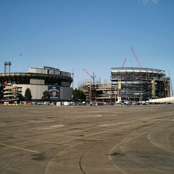 Giant's Stadiums - East Rutherford, New Jersey. Current stadium on the left. New stadium (under construction) on the right.