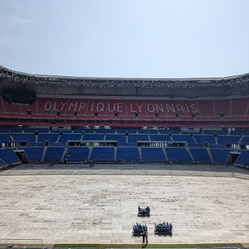 View of the Groupama Stadium in Lyon, without its pitch, from the West stand.