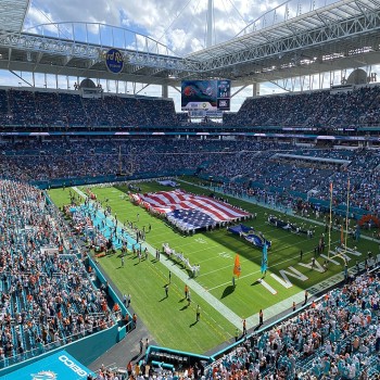 Hard Rock Stadium during the national anthem before the Miami Dolphins host the Cleveland Browns in November 2022
