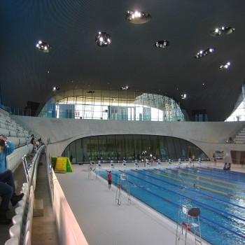 View of the starting blocks at the competition pool