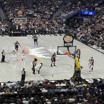 Interior of Ball Arena during a game between the Denver Nuggets and eventual NBA champion New York Knicks in March 2026, Nikola Jokić prepares to shoot a free throw