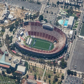 Aerial view of Los Angeles Memorial Coliseum hosting a L.A. Rams pre-season game in August 2017.