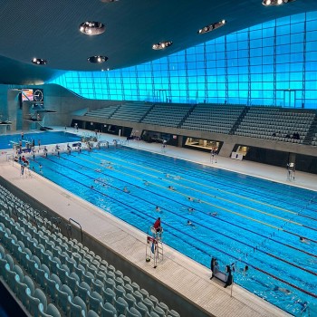 Interior view of The Aquatics Centre after the Olympics, without the temporary wings.