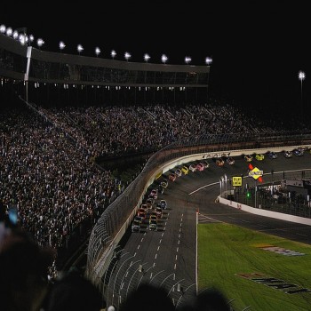 Night racing at the 2008 Bank of America 500; in 1992, the track installed lights to accommodate night racing, the first track of its size to do so.