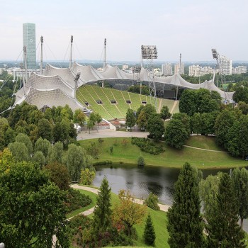 Spiridon-Louis-Ring Olympic stadium. Arch. Behnisch and Partners, with Frei Otto for the eye-catching tensile structure that covers much of the park 1968-72