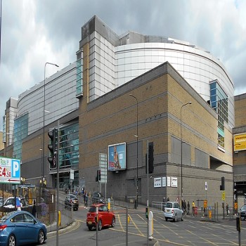 Manchester Arena exterior seen from the north from the crossroads of Trinity Way and Great Ducie Street.
