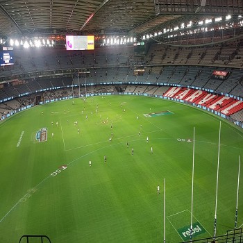 Marvel Stadium interior in 2022 during an Australian rules football curtain-raiser