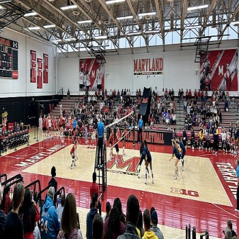 A volleyball match at the Xfinity Center in College Park, Maryland between the University of Maryland and University of Michigan women’s volleyball teams on November 9, 2025.