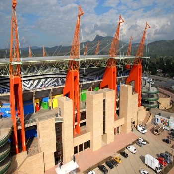 Aerial close up view of the roof support columns that resemble giraffe