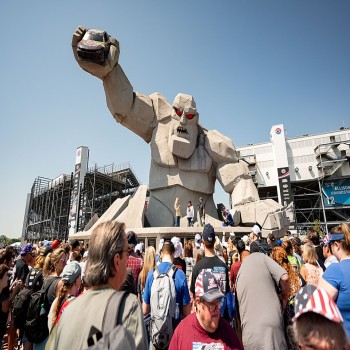 The Monster Monument (pictured in 2024), featuring a 46-foot (14 m) Miles the Monster. The Monster Monument, built in 2008, was part of a multi-year renovation project aimed at beautifying the facility.