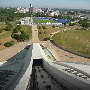 The view from funicular cart going up Olympic stadium observatory.