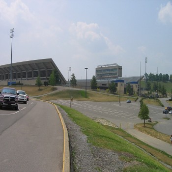 Stadium exterior as seen from a road