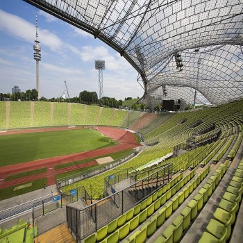 Frei Otto Tensed structures for the Munich 72 Olympic Games. Olympic Stadium and park. Munich Germany